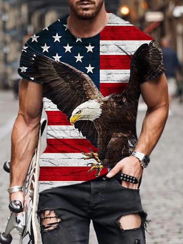 2023 Men's Hot Sale Fashion Casual Round Neck Color Matching 3D Eagle Print Short Sleeve T-Shirt Top