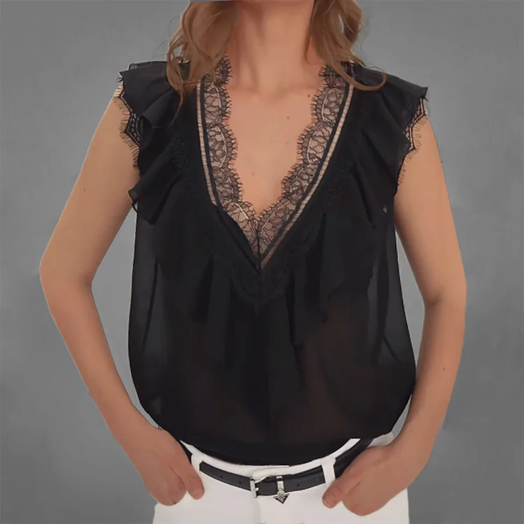 Casual Lace Trim V Neck Ruffle Sleeveless Blouse