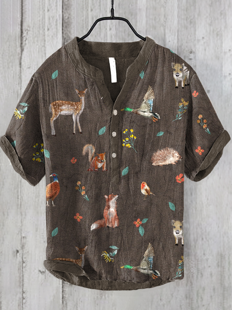 Men's Forest Animals Print Linen Blend Vintage Shirt artswardrobe