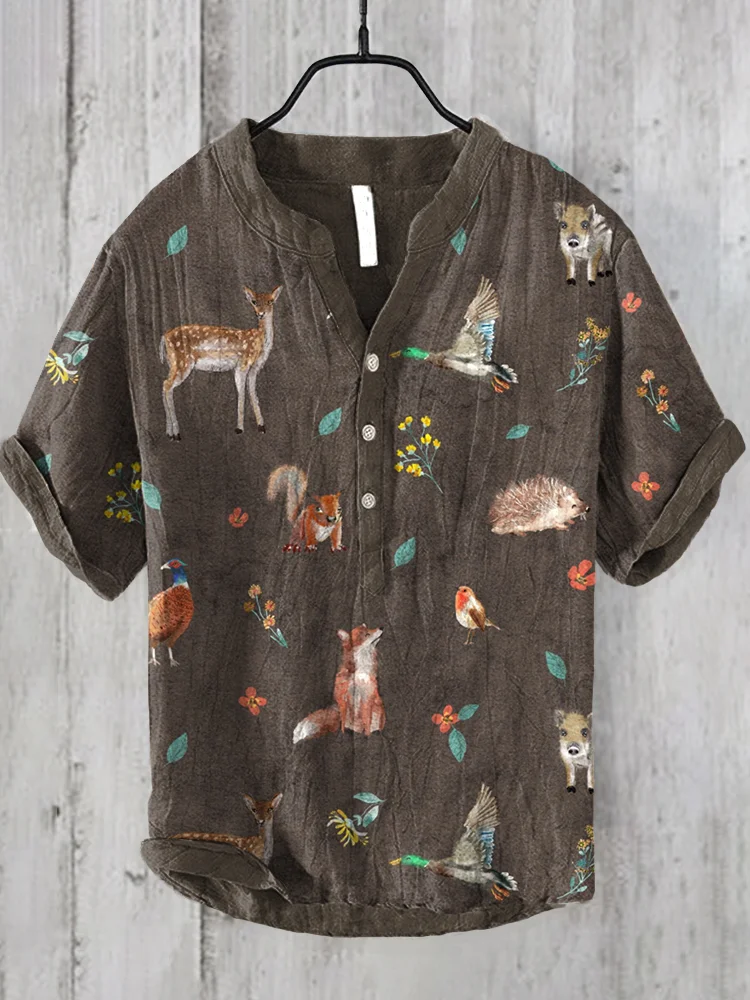 Men's Forest Animals Print Linen Blend Vintage Shirt