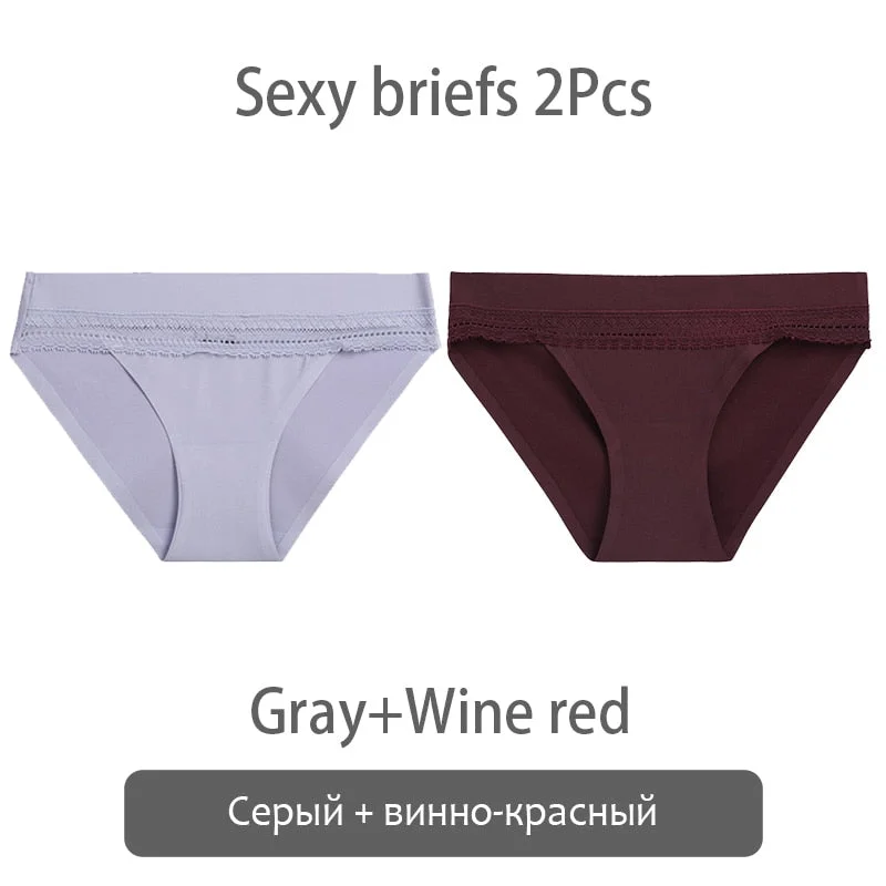 FINETOO 2Pcs/set Lace Panties Women Silk Underwear M-XL Smooth Panty Comfortable Girls Underpants Sexy Briefs 6 Colors Lingerie