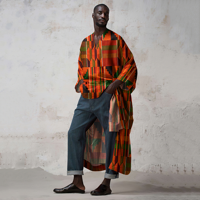 Vintage  African Kente Geometric Art  Style Linen V-neck Long Kaftan