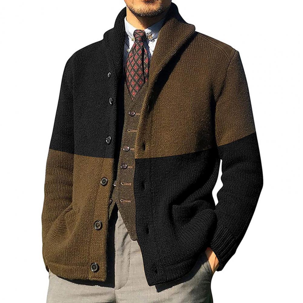 Men's Fashion Sweater Coat Contrasting Color Lapel Button Cardigan Jacket