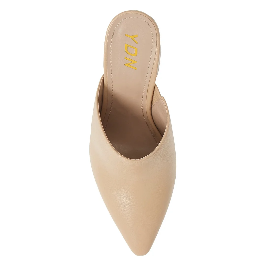 Beige Vegan Leather Pointed Toe Slip On Block Heel Mules for Women