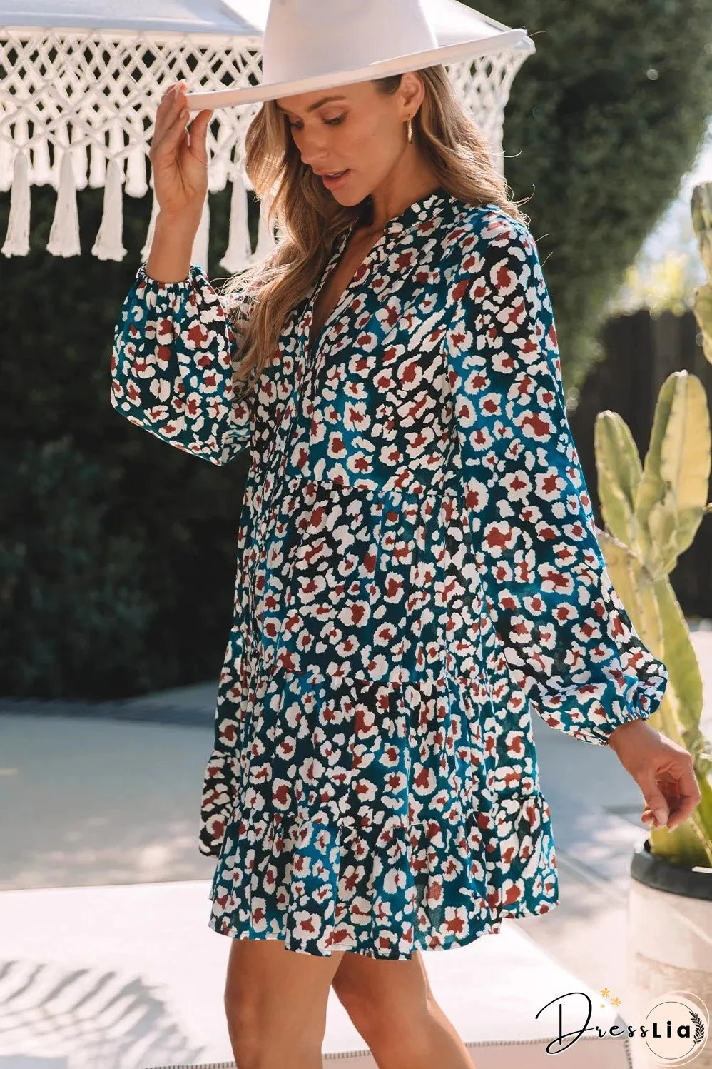 Blue Leopard Print Bubble Sleeve Ruffled Shirt Dress