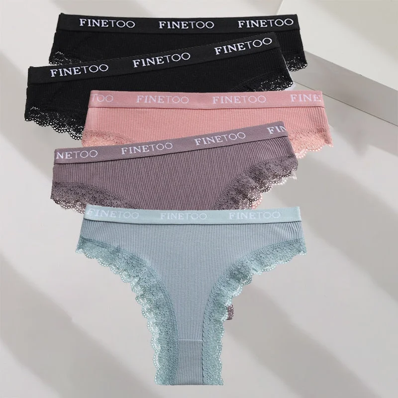 FINETOO 5PCS/Set M-XXL Cotton Panties Women's Letter Thong  Girls Brazilian Panty Sexy Lace Underwear For Woman Lingerie Bikini