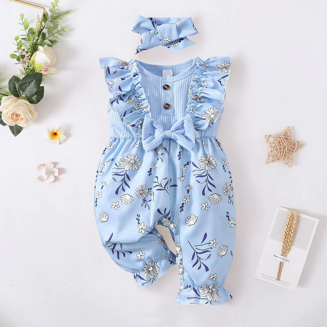 Elegant Floral Printed Sleeveless Baby Jumpsuit