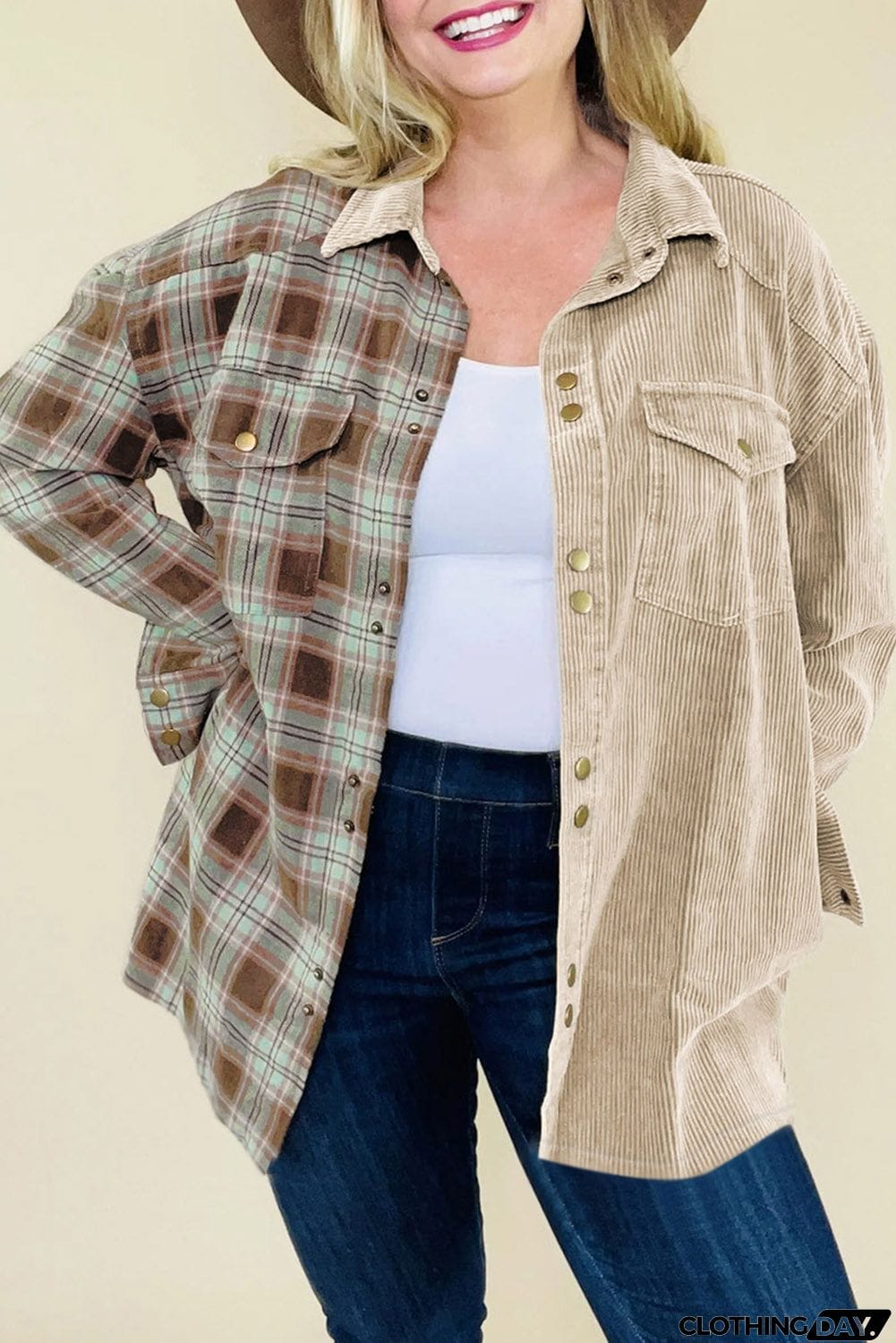 Plus Size Washed Cord Plaid Shirt