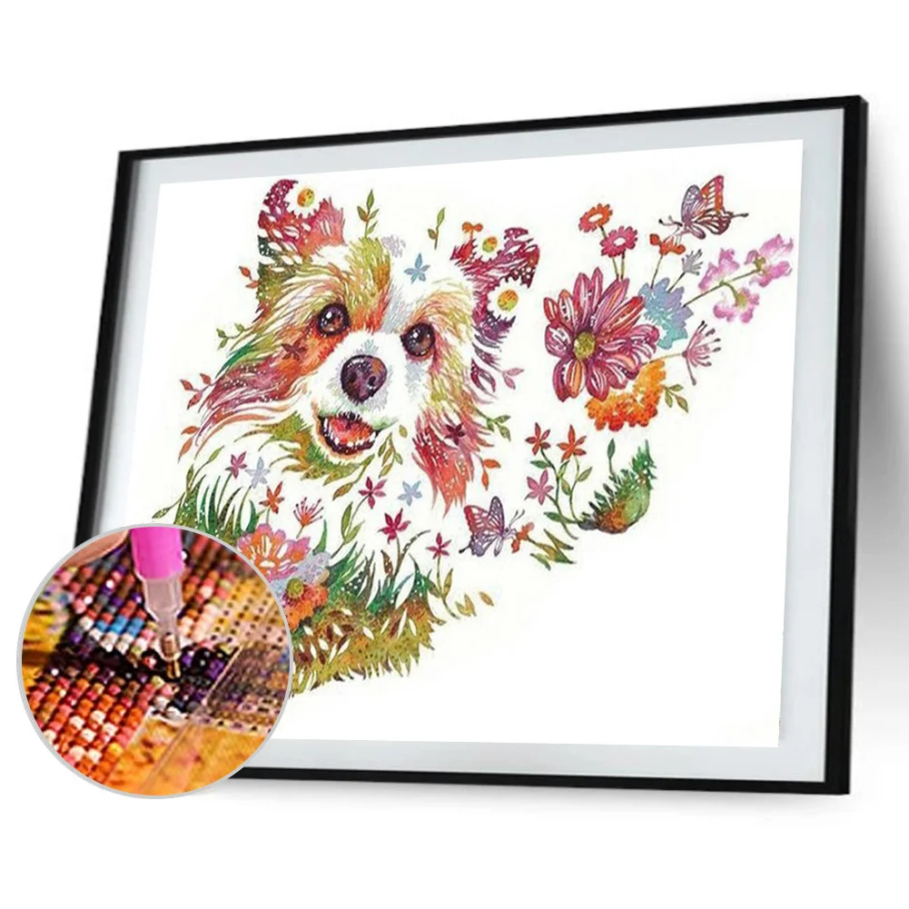 Full Round Diamond Painting 40*30cm - Puppy And Flowers