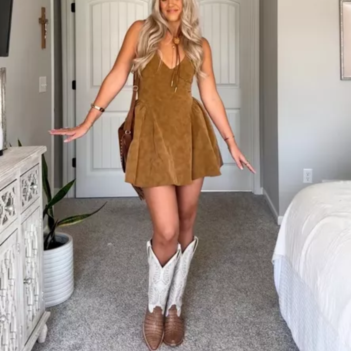 Brown Suede Cross-Back Mini Dress With V-Neck