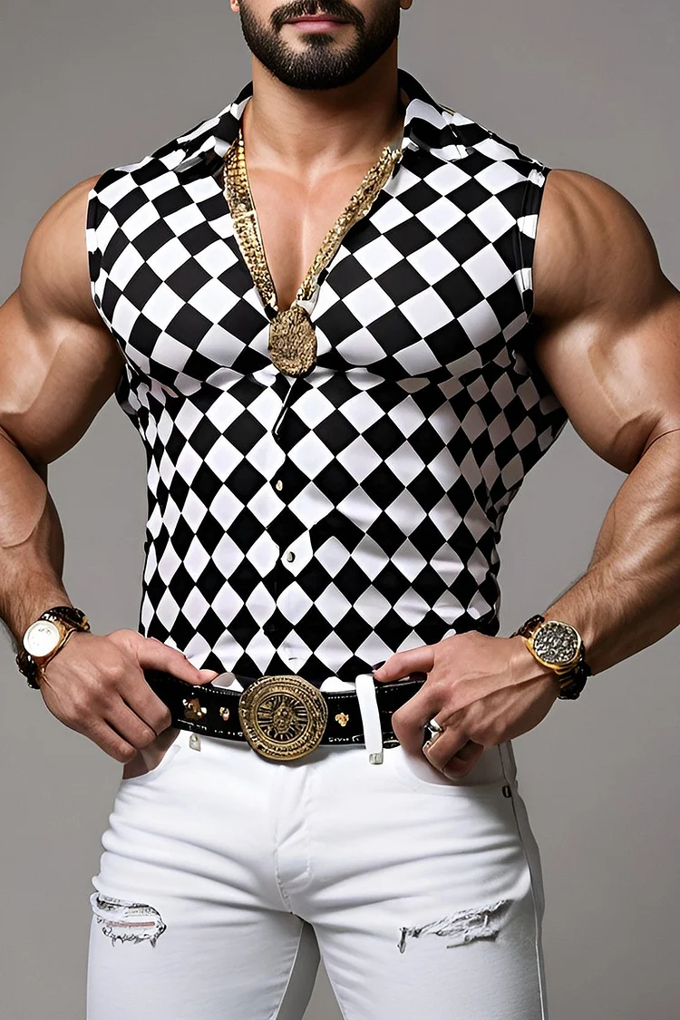 Ciciful Men's Diamond Pattern Print Black And White V Neck Tank Top 
