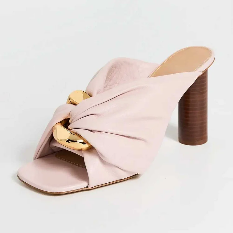 Pink Open Square Toe Gold Chain Twisted Strap Wood Heeled Mules |FSJ Shoes