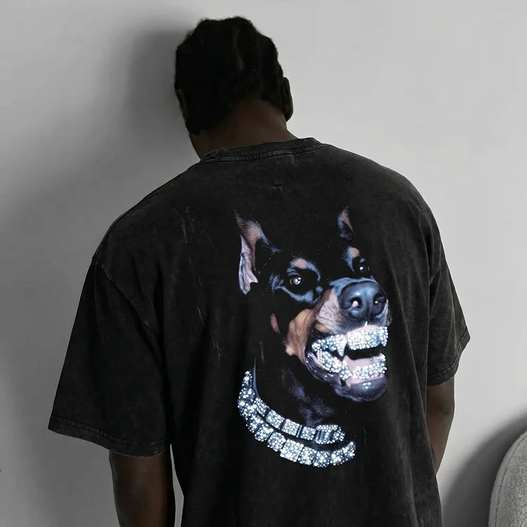 Dog Panther Rhinestone Design Print Washed T-Shirt