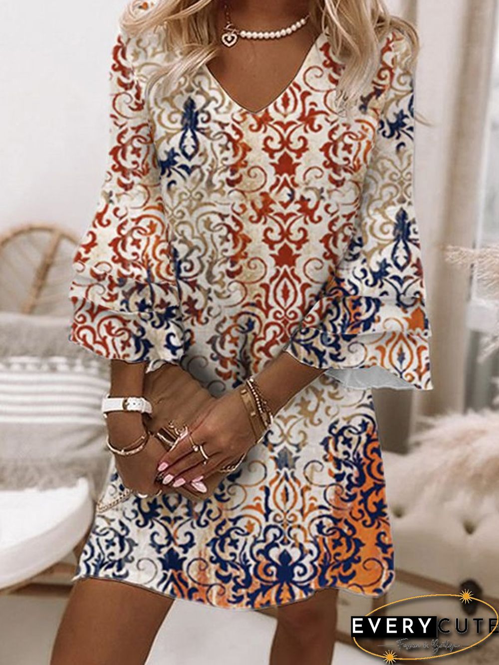 Ethnic V Neck Casual Dresses