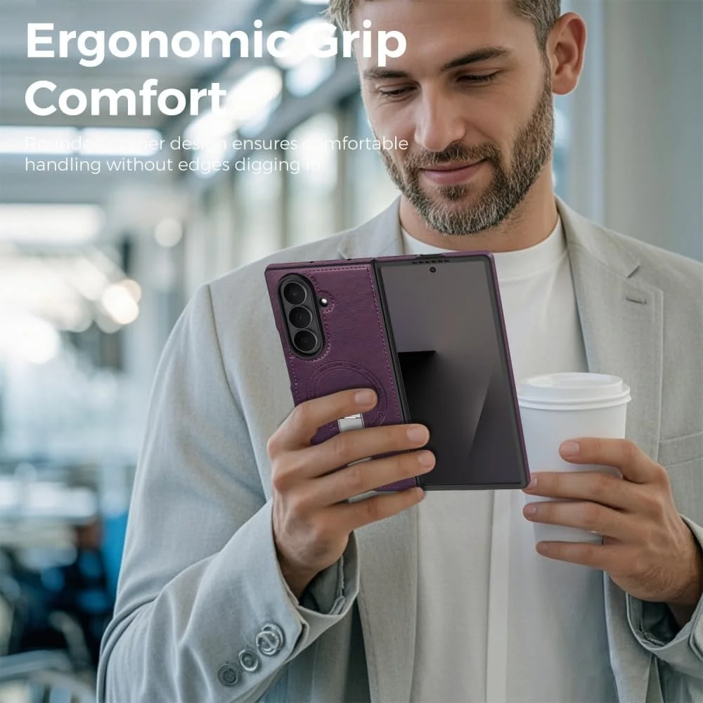 360 Rotae Kickstand Leather Case for Samsung Galaxy Z Fold 7 6 5 4 3 5G Magnetic Heavy Duty Cover, Military Shockproof Cases 