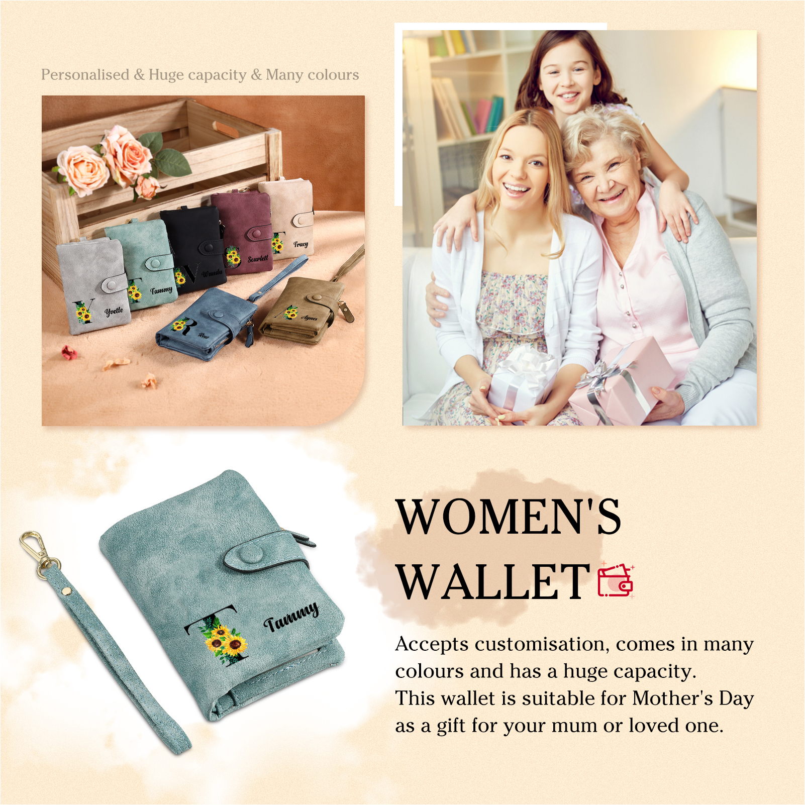 Portafoglio in PU pelle girasole con 1 letetra & 1 testo & 1 nome & 1 foto personalizzati per mamma/nonna