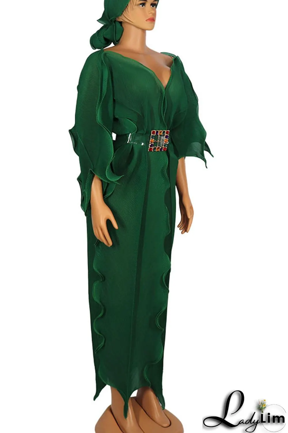 Green Elegant Solid Patchwork Flounce With Belt V Neck One Step Skirt Dresses