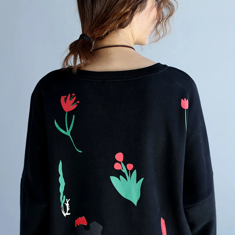 2021 winter black thick cotton dresses plus size prints long sleeve side open  casual shift dress