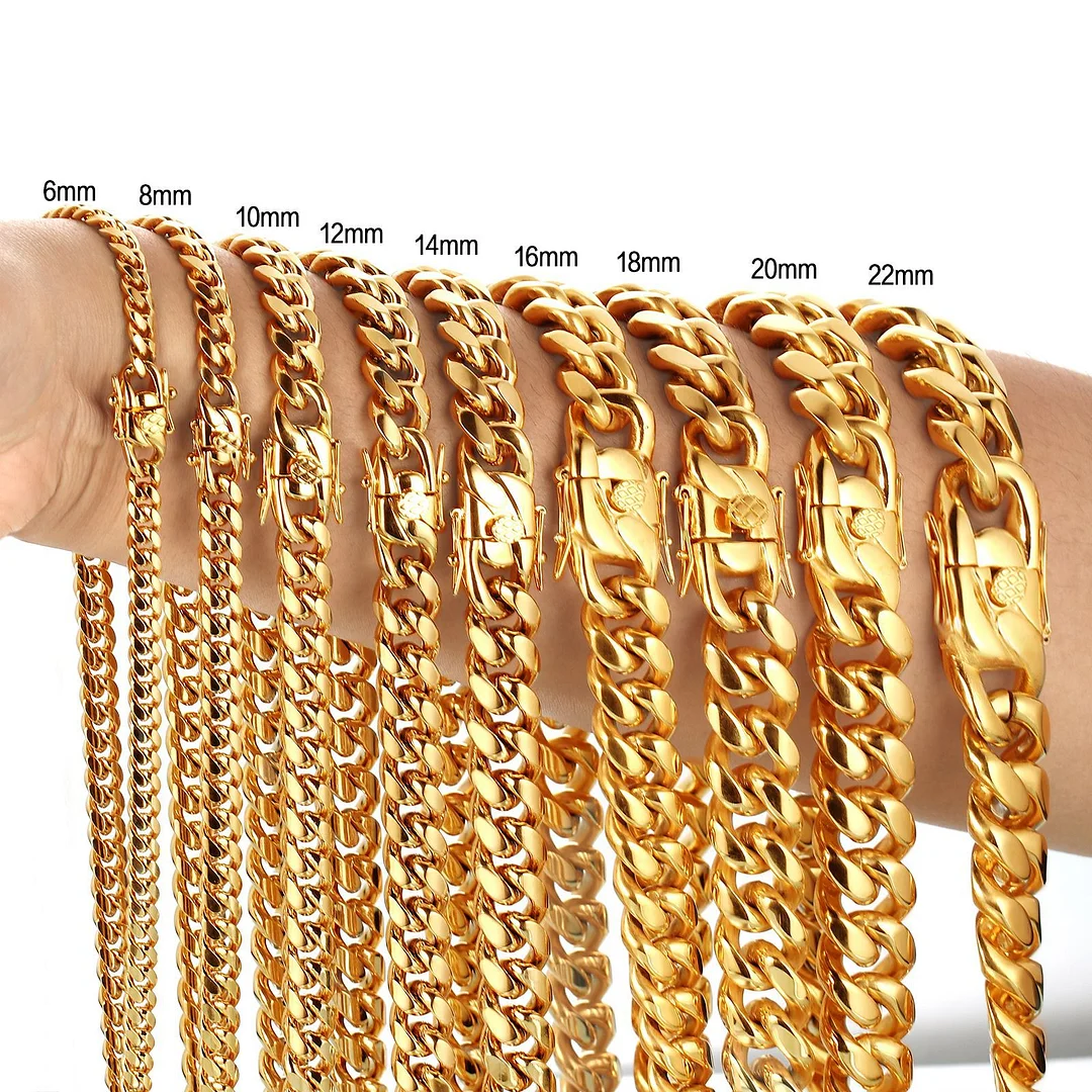 Mens Heavy Miami Cuban Link Chain Choker 18k Gold Plated Hip Hop Thick Titanium Stainless Steel 6mm-22mm Necklace/Bracelet