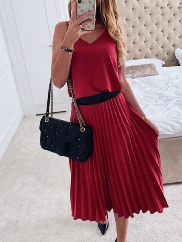 Mature Women Casual Summer Loose V-neck Pleated Midi Dress (Belt Not Included)