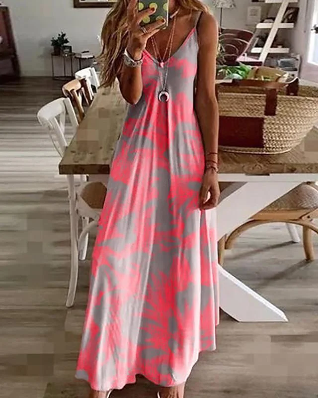 Women's Sundress Maxi long Dress Sleeveless Floral Print Summer V Neck Hot Casual Holiday Beach Fuchsia M L XL XXL 3XL 4XL 5XL