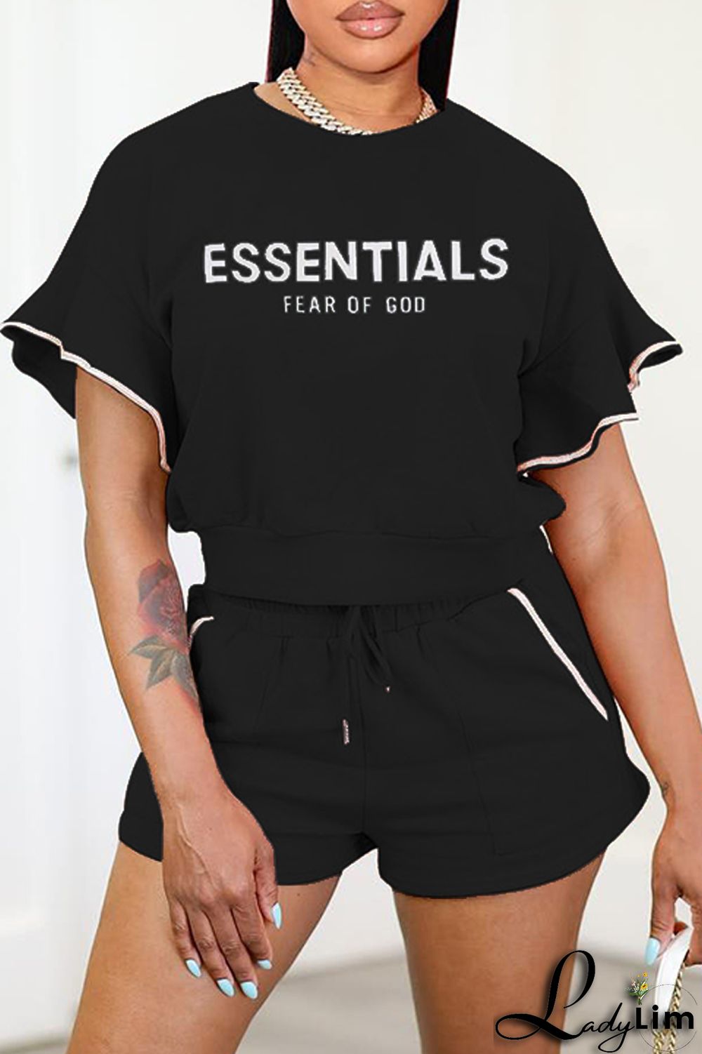 Blue Casual Letter Print Patchwork O Neck Short Sleeve Two Pieces