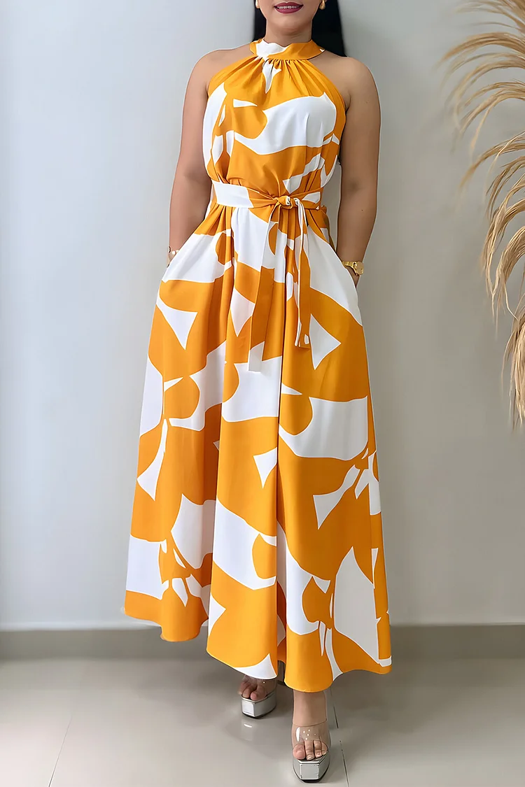 Abstract Print Sleeveless Halter Neck Tie Up A-Line Maxi Dresses-Orange