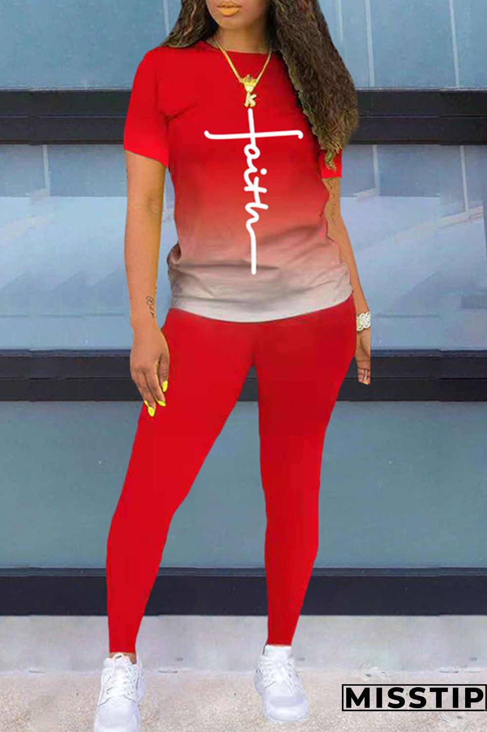 Black Fashion Casual Gradual Change Print Basic O Neck Short Sleeve Two Pieces