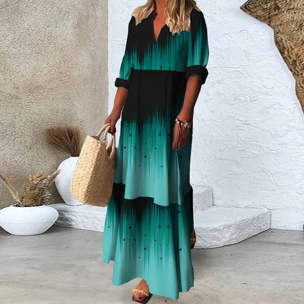 Women Green, Gradient DZDN0065 SPU Printed Long Sleeve V-neck Maxi Dress