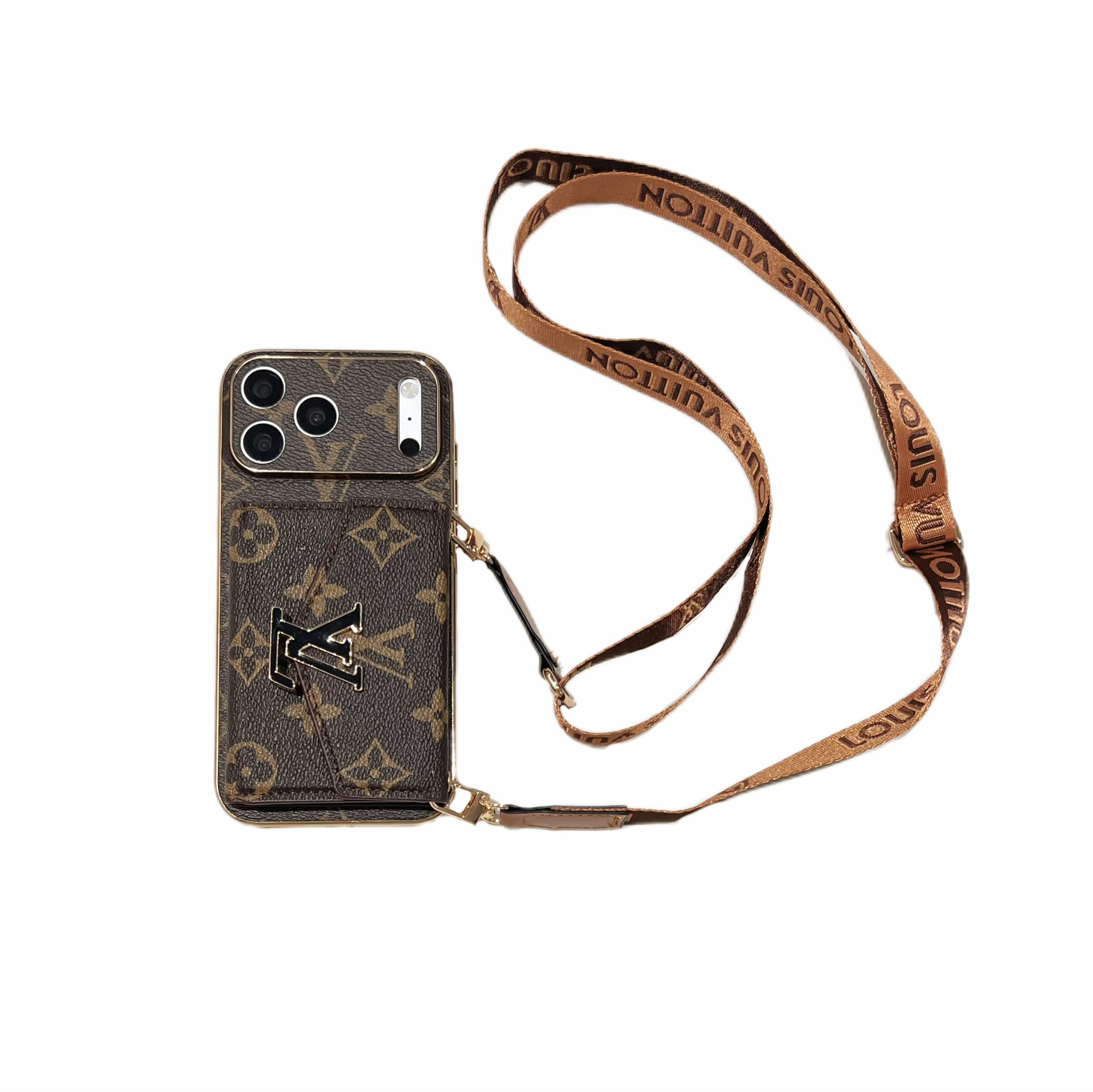 Luxury LV Gucci Designer Style Monogram Crossbody Wallet Case for iPhone - Multi-Card Holder Phone Cover with Detachable Adjustable Lanyard