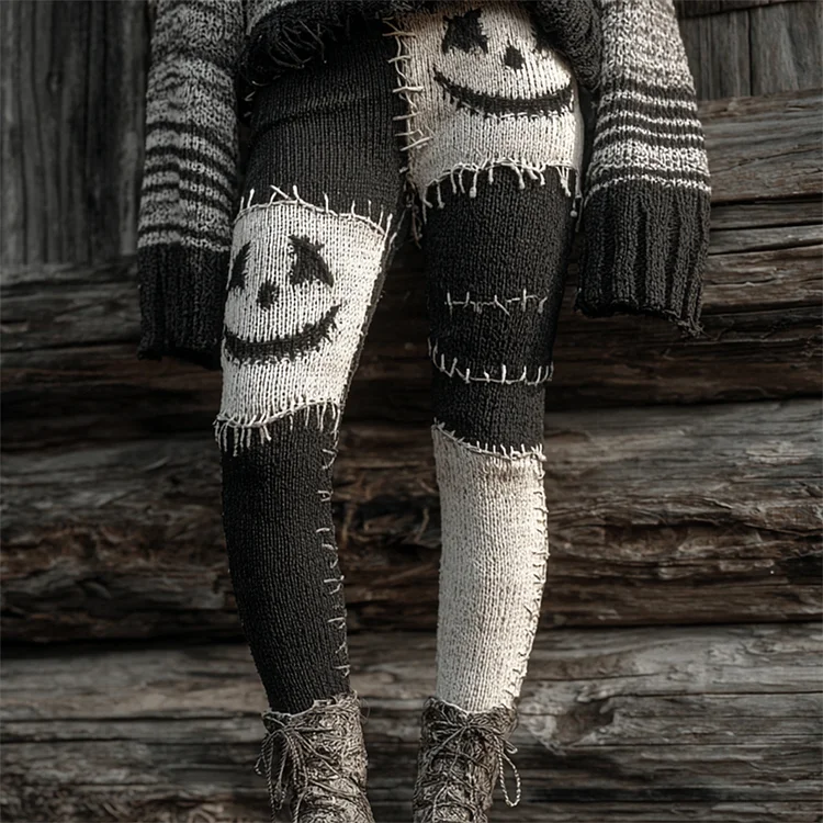Halloween Stitched Face Contrast Patchwork Cozy Knit Leggings