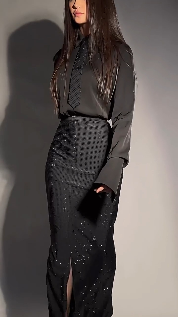 Fashionable Air Lapel Long Sleeve Rhinestone Split Dress | Oxredo Shop Ramadan Sale