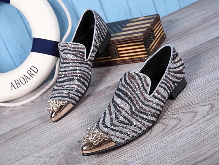 VCSHOES Silvery Sequins Genuine Leather Men's Prom Shoes Party Male Golden Set In Drill Pointed Toe Shoes