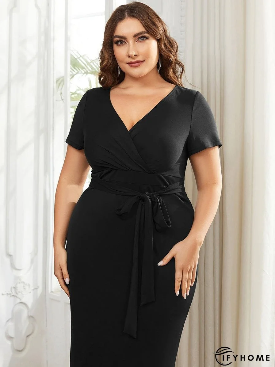 Elegant Deep V Neck Short Sleeve Cocktail Dress with Waist Belt | IFYHOME