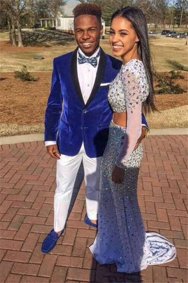 High Quality Casual Velvet Royal Blue With Black Shawl Lapel Wedding Blazer For Groom | Ballbellas Ballbellas