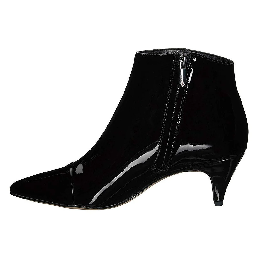 Full Black Pointed Toe Kitten Heel Ankle Boots Patent Leather Short Boots