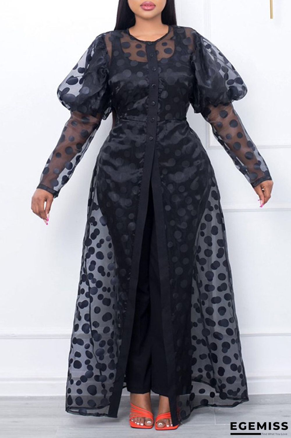 Black Sexy Print Polka Dot Patchwork Buckle See-through O Neck A Line Dresses | EGEMISS