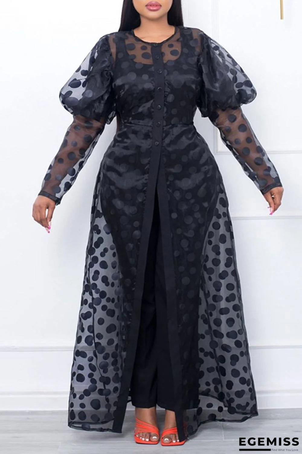 Black Sexy Print Polka Dot Patchwork Buckle See-through O Neck A Line Dresses | EGEMISS