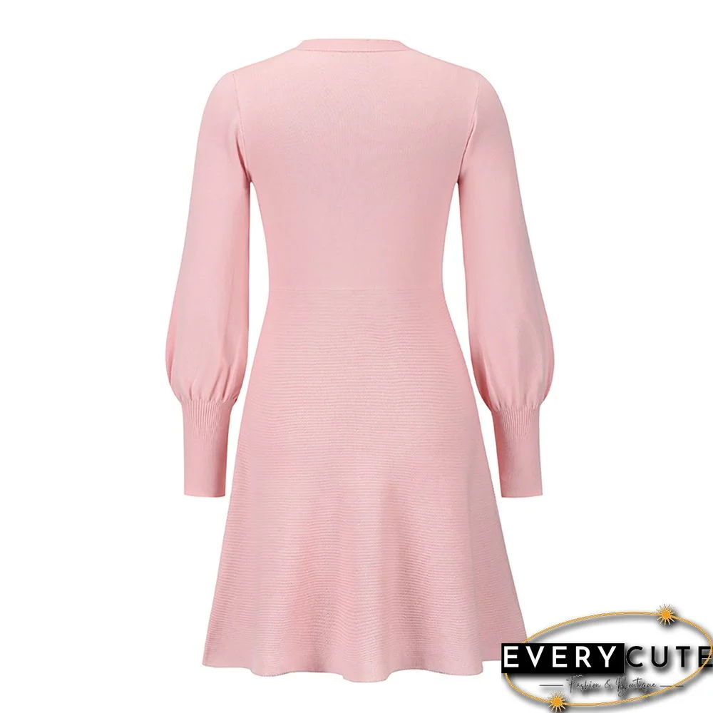 Pink Knit Slim Fit Long Sleeve Sweater Dress