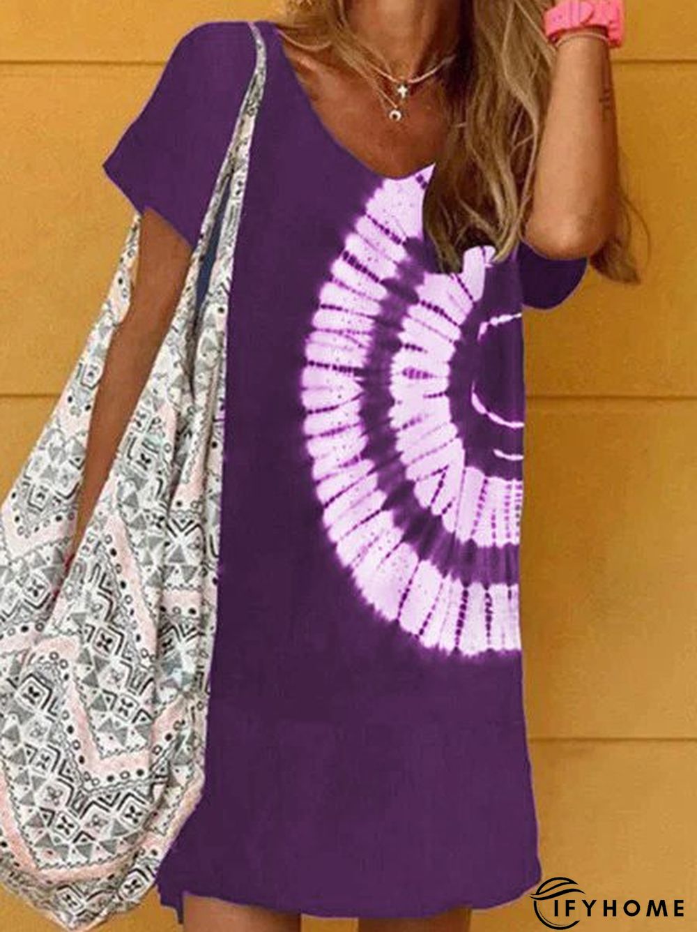 Navy Blue Tie-dye Holiday Daily Printed V neck A-Line Casual Short Sleeve Knitting Dress | IFYHOME