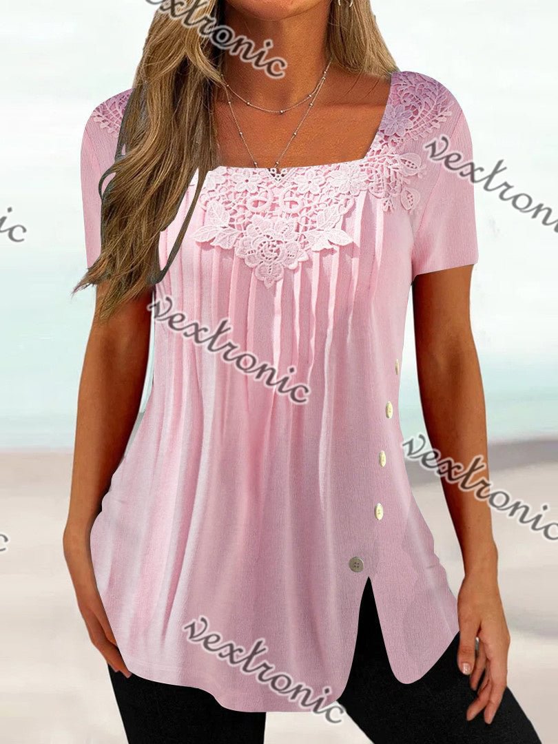 Women Short Sleeve U-neck Lace Tops