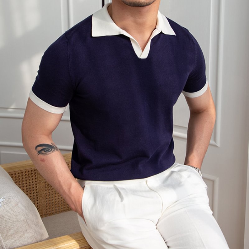 Thin Knit Lapel V-neck Colorblock Polo Shirt