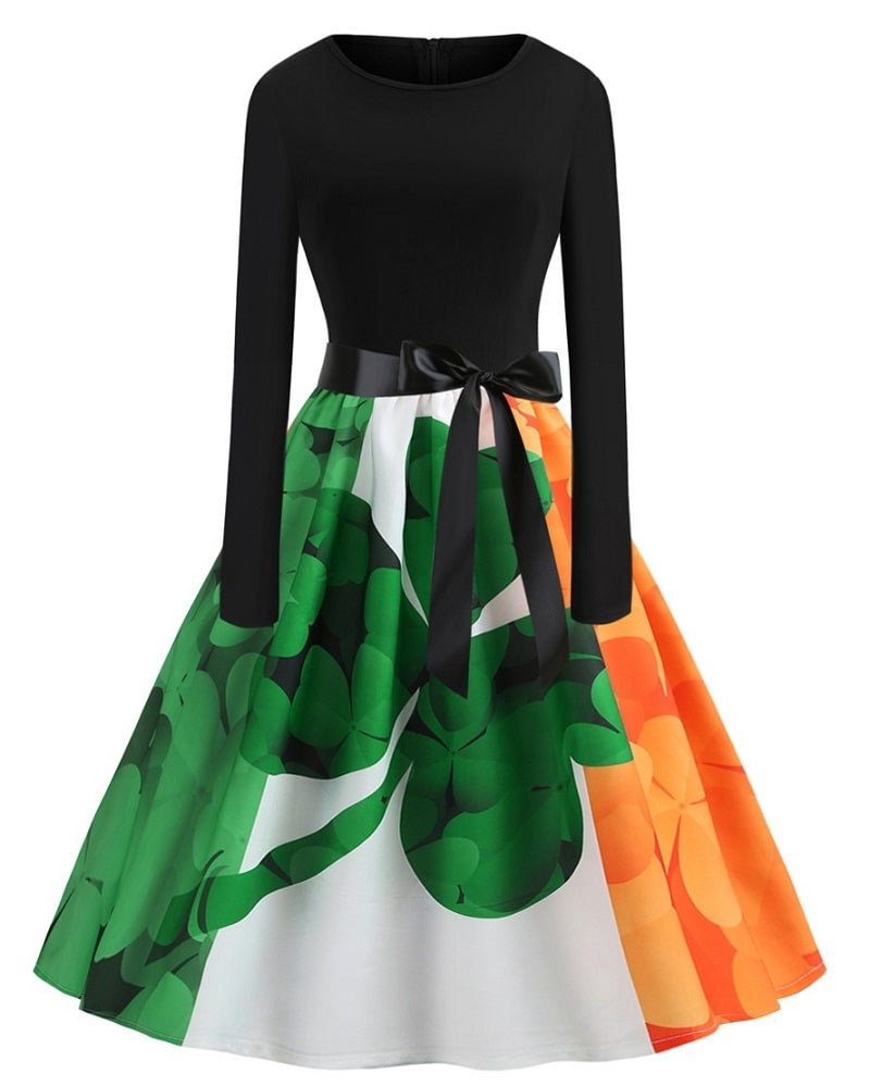 St Patrick's Day Dress Womens Outfit Vintage Crew Neck Long Sleeve Full Skirt Dress-elleschic
