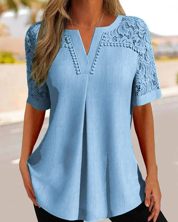 Women's Lace V Neck Short Sleeve Casual T-shirt Top