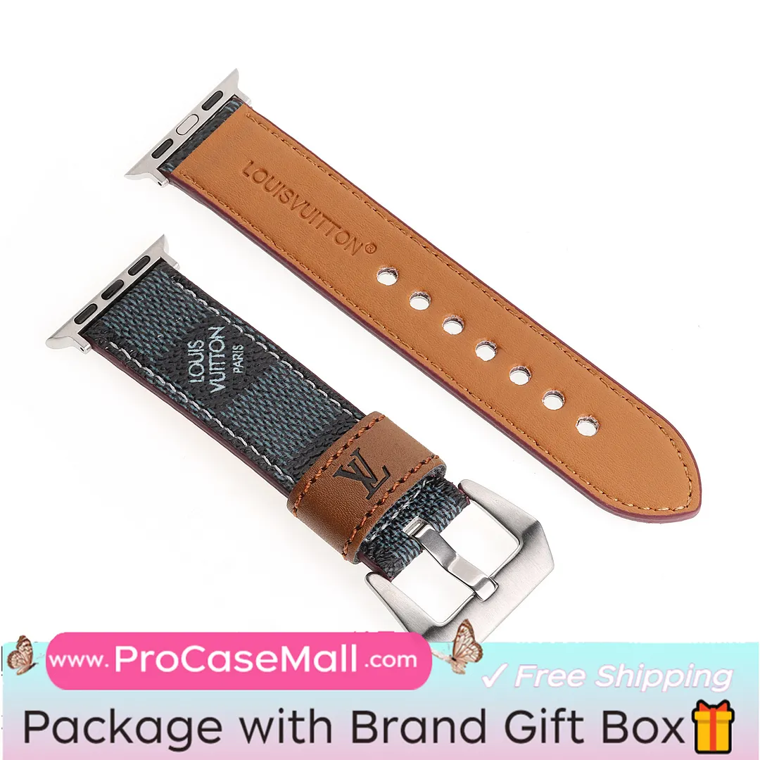 LV Genuine Leather Monogram Canvas Apple Watch Strap Checkerboard Canvas