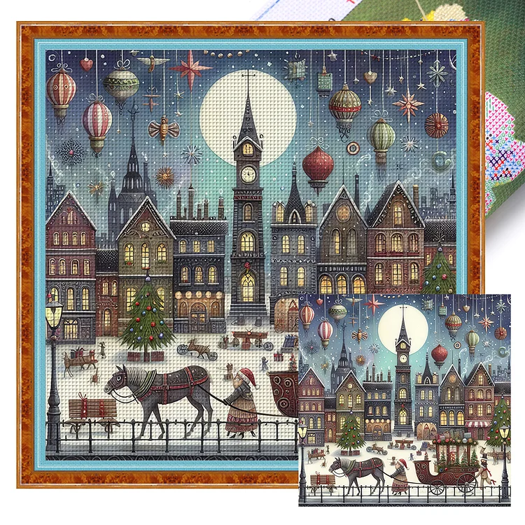 Christmas Night Street Scene (50*50cm) 18CT Stamped Cross Stitch gbfke