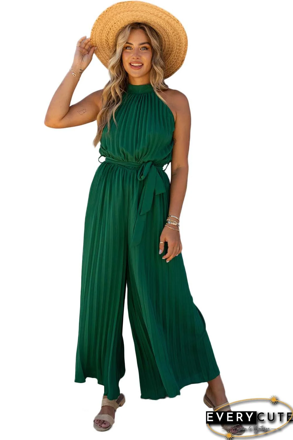 Green Halter Neck Pleated Wide Leg Jumpsuit with Belt