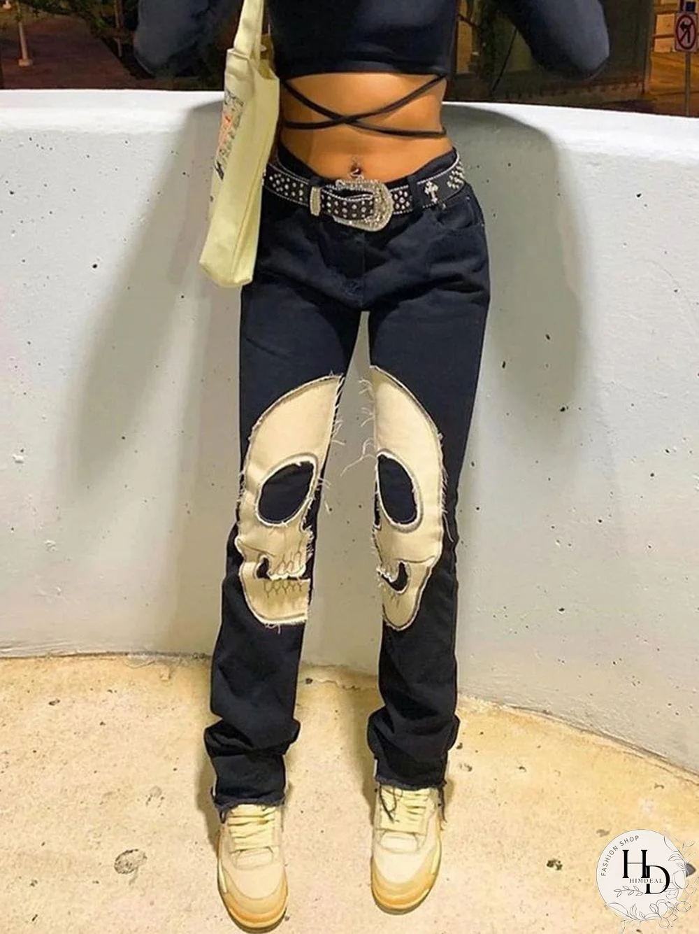 Back To School Outfit  Skeleton Patterned Low Waist Jeans Women Harajuku Streetwear Retro Fairycore Grunge Pants Cyber Y2K Black Denim Trousers