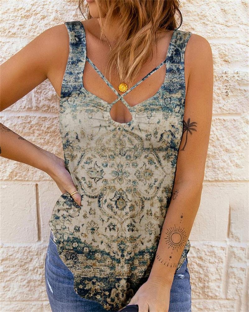 Women's Sleeveless Printed Cutout Tank Top