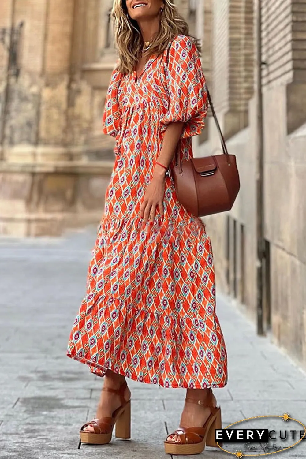 Ethnic Geometry Print Bubble Sleeve Maxi Dress